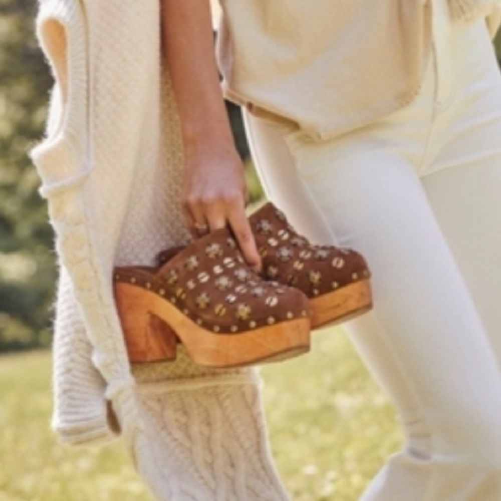 Free People Brown Studded Suede Platform Clogs - Picture 2 of 7